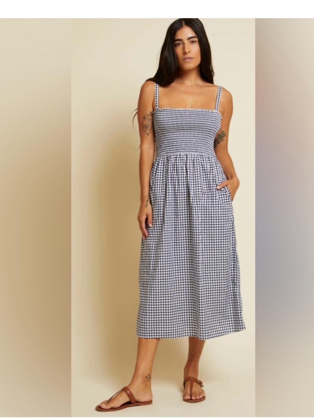 Nation LTD Embry Strapless Midi Sundress Navy Gingham Plaid Pima Cotton large